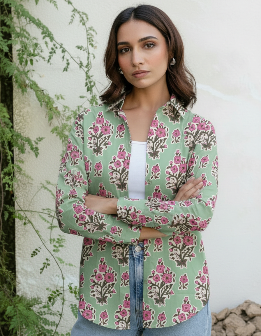 Mint Green Floral Handblock Printed Casual Shirt for Women