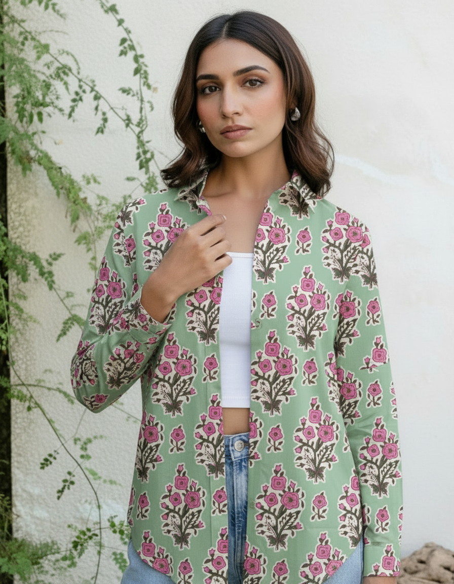 Mint Green Floral Handblock Printed Casual Shirt for Women