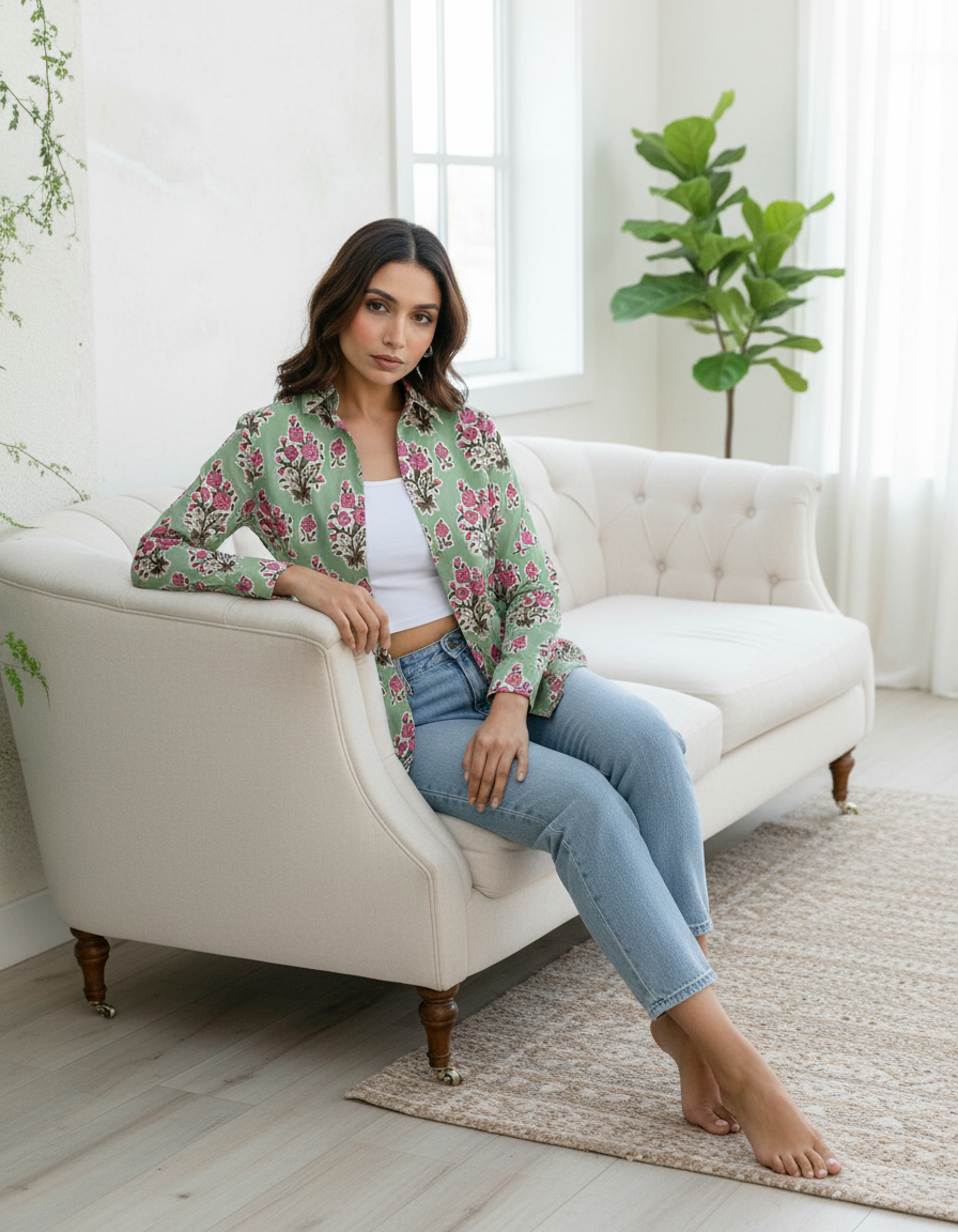 Mint Green Floral Handblock Printed Casual Shirt for Women