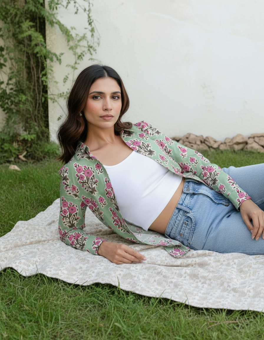 Mint Green Floral Handblock Printed Casual Shirt for Women