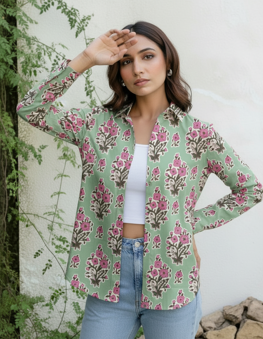 Mint Green Floral Handblock Printed Casual Shirt for Women