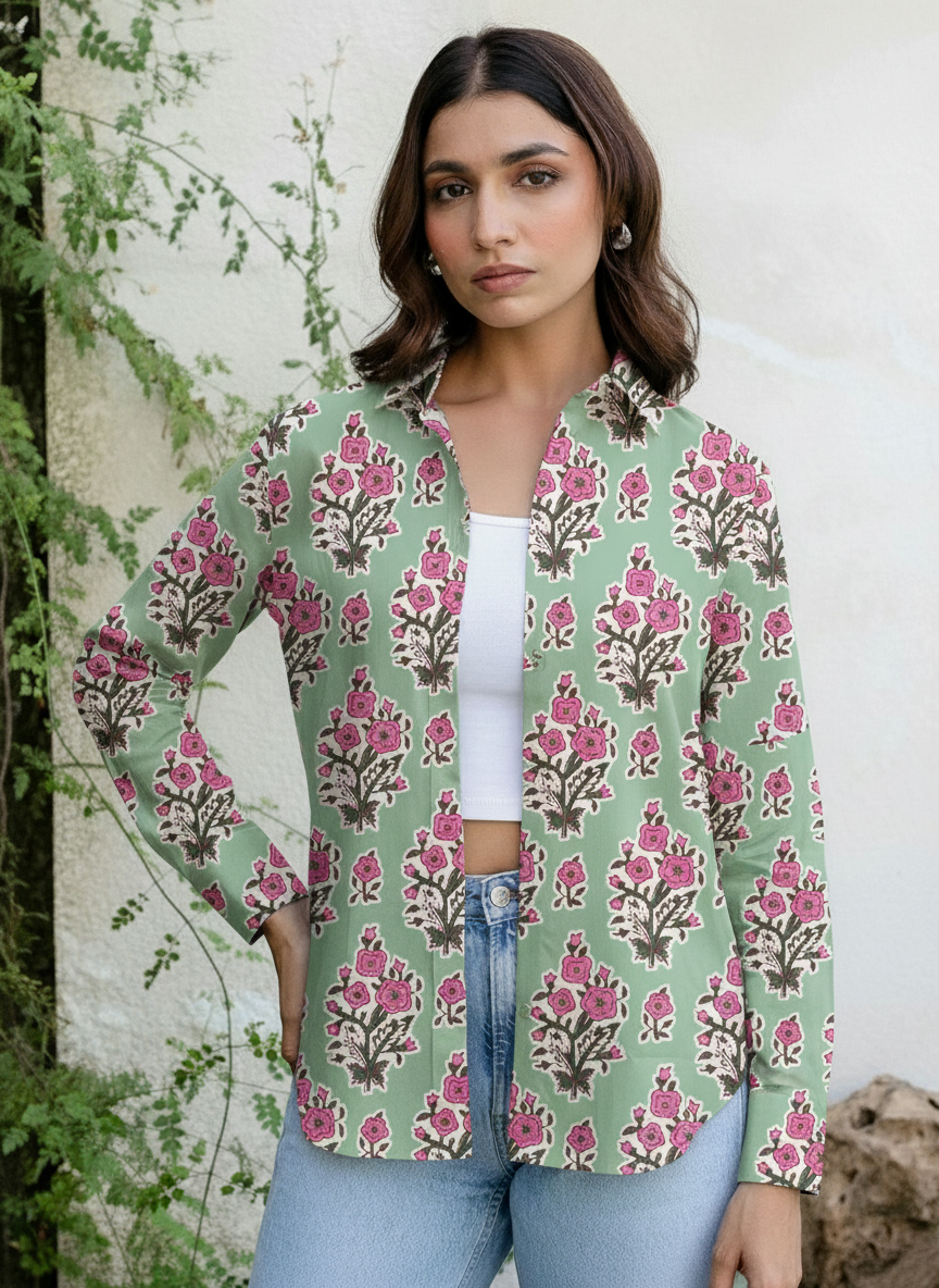 Mint Green Floral Handblock Printed Casual Shirt for Women