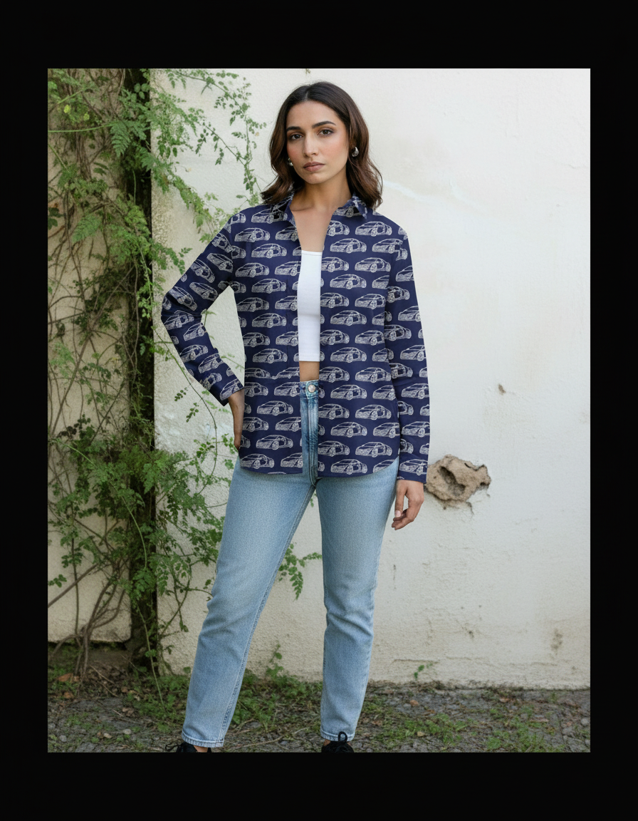 Navy Blue Car Print Casual Shirt for Women