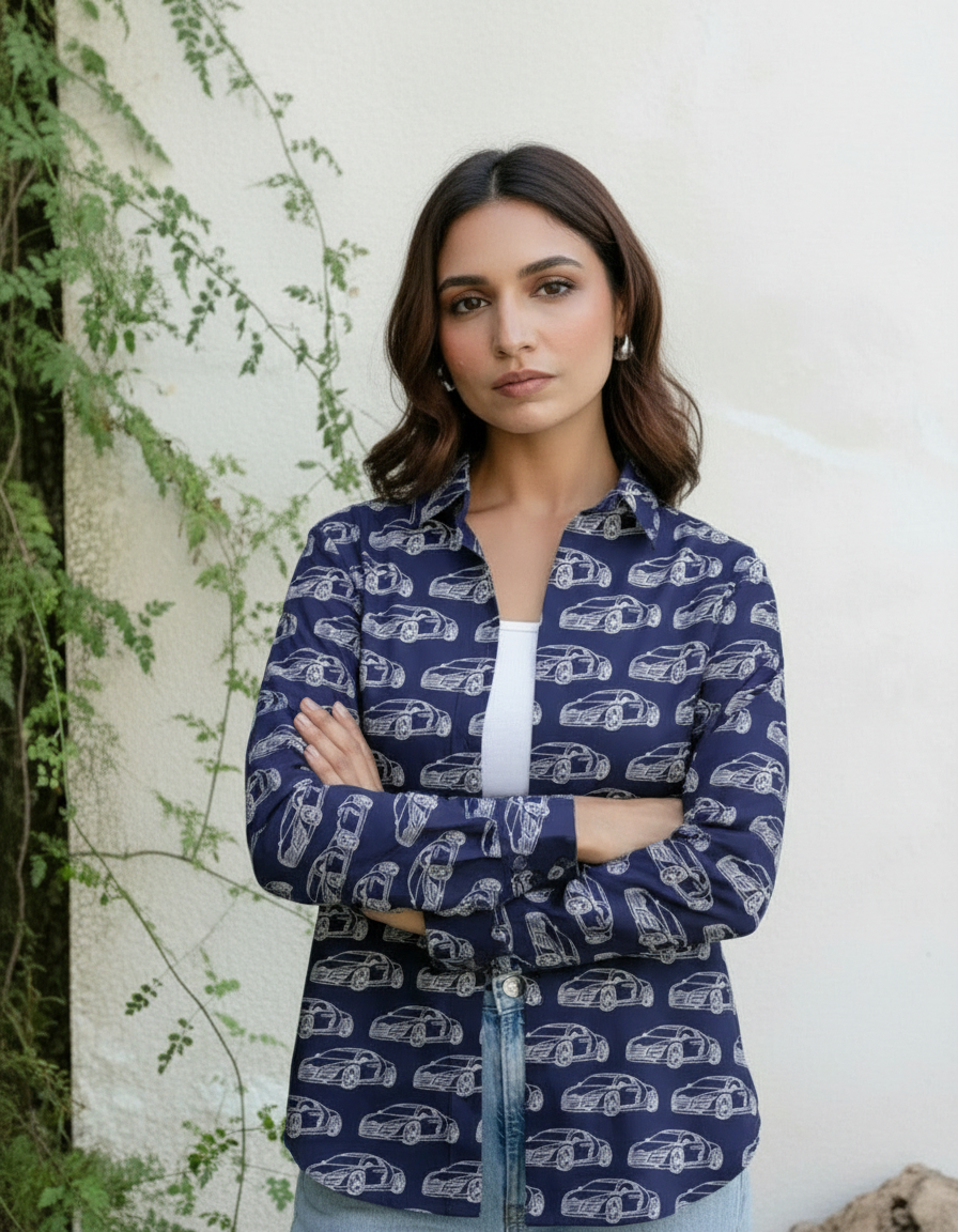 Navy Blue Car Print Casual Shirt for Women