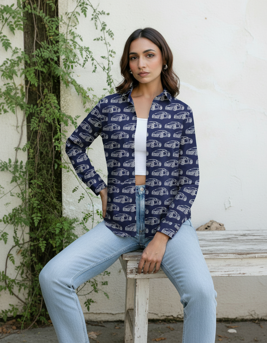 Navy Blue Car Print Casual Shirt for Women