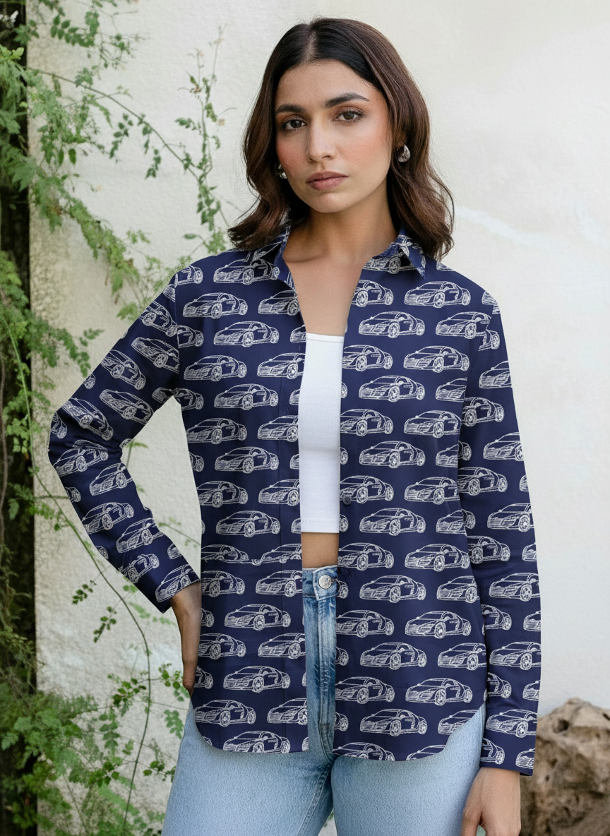 Navy Blue Car Print Casual Shirt for Women