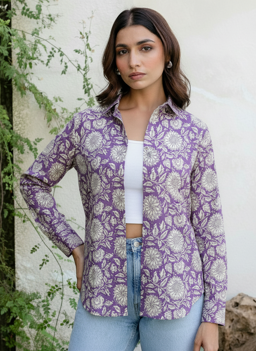 Purple Floral Handblock Printed Casual Shirt for Women