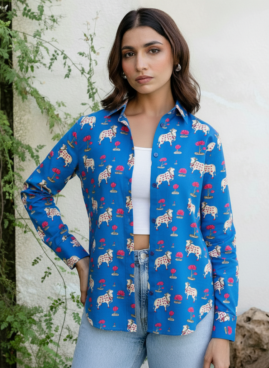 Blue Cow & Lotus Print Casual Shirt for Women