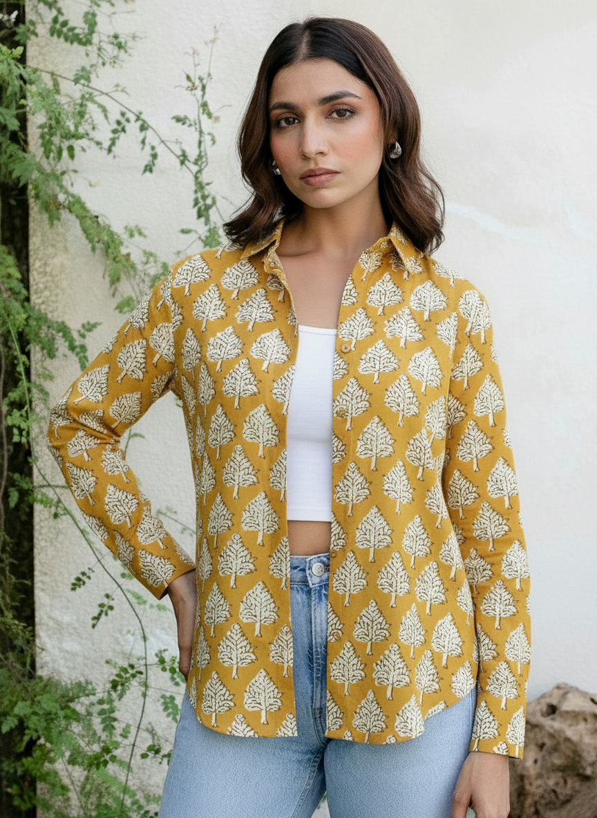 Mustard Yellow Leaf Block Print Casual Shirt for Women