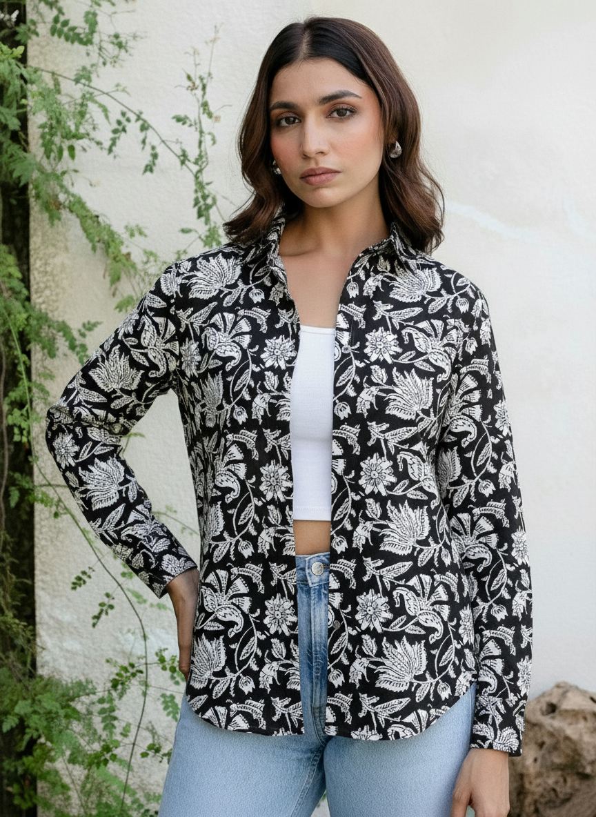 Black & White Floral Handblock Printed Casual Shirt for Women