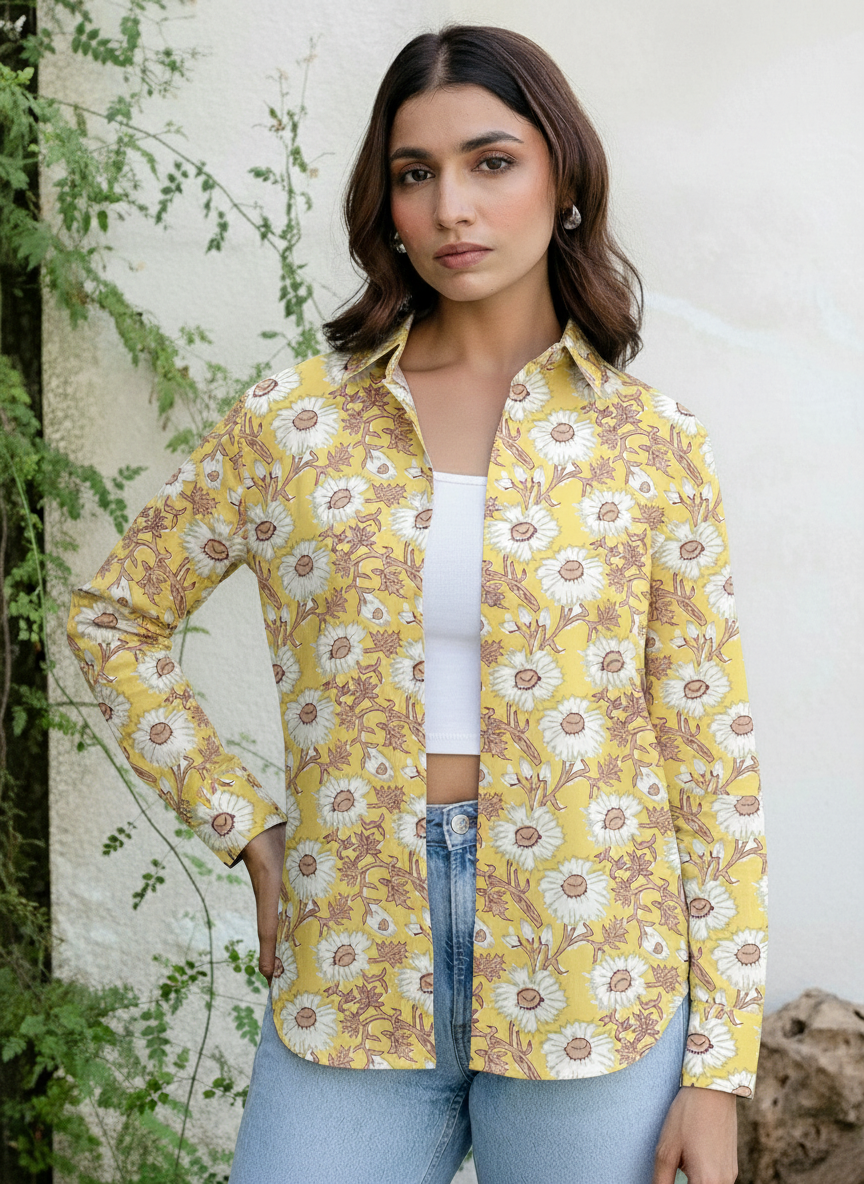 Yellow Daisy Floral Printed Casual Shirt for Women