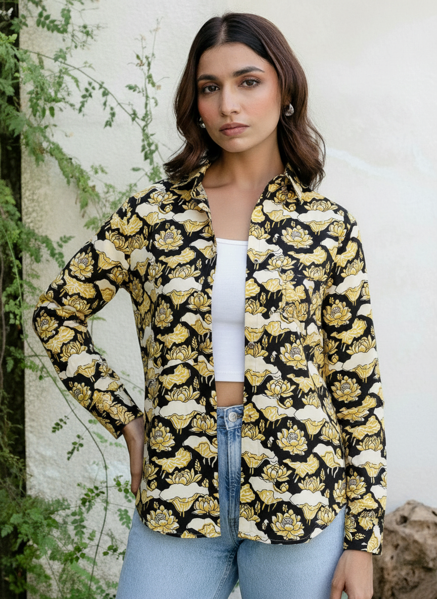 Black & Yellow Lotus Print Casual Shirt for Women