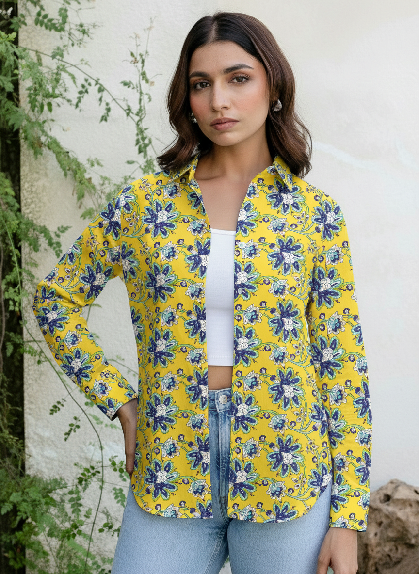 Bright Yellow Blue Floral Printed Casual Shirt for Women